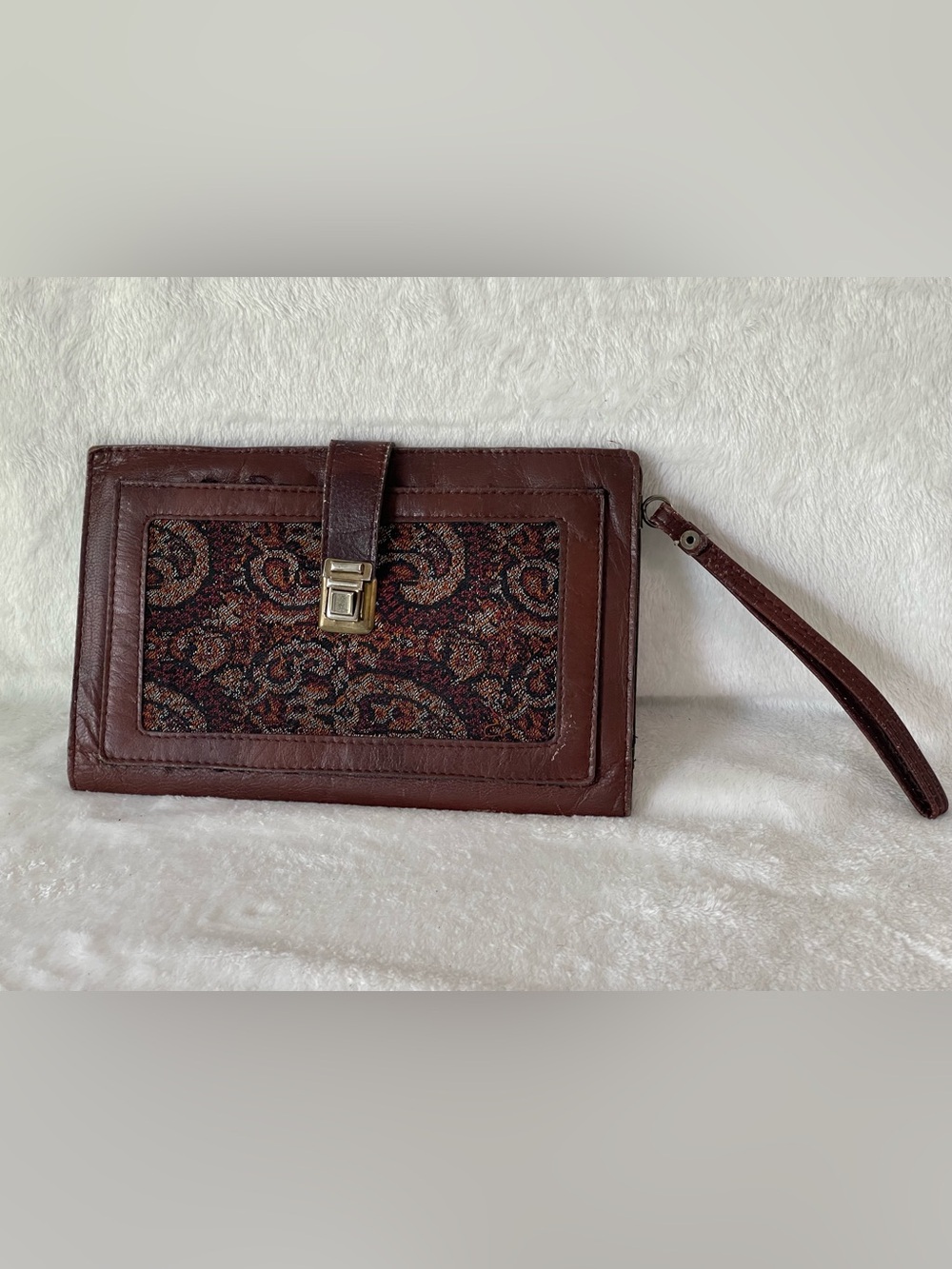 Vintage brown, leather tapestry clutch wallet